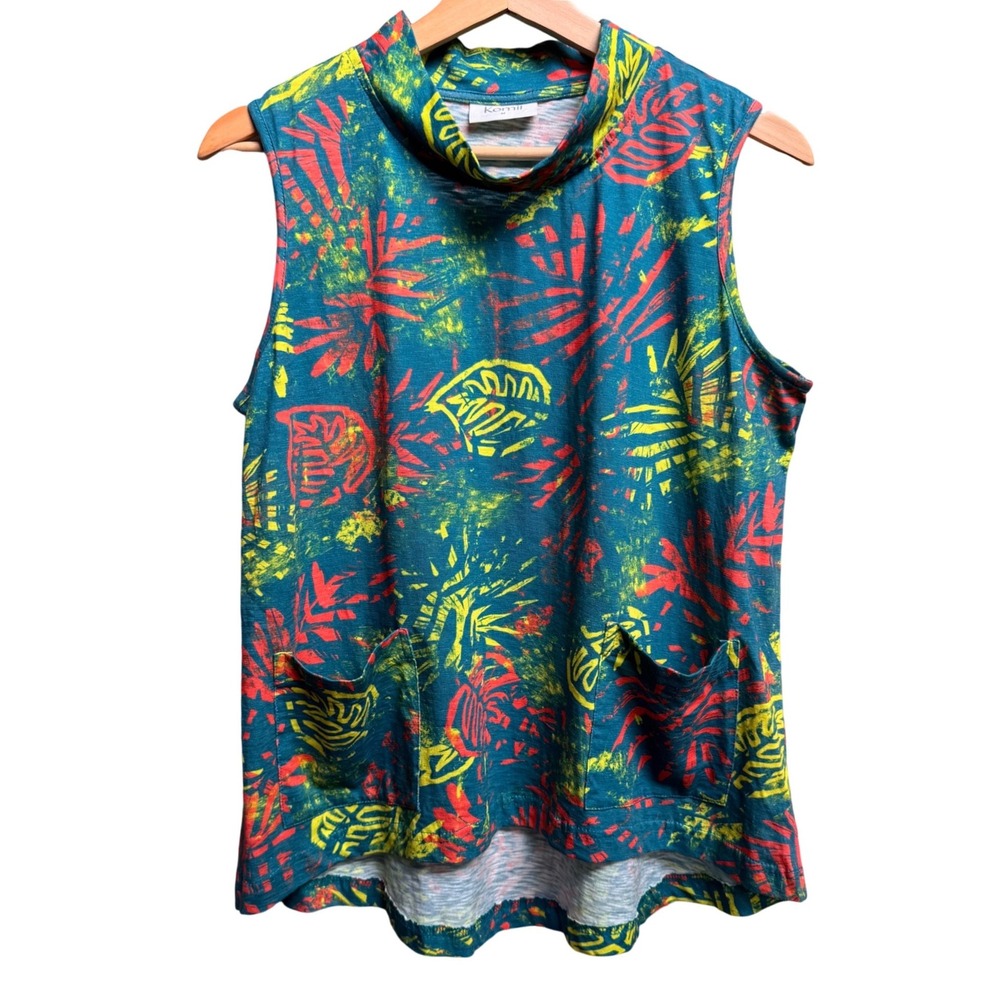 Komil Teal Tropical Leaf Print Sleeveless Mock Neck Tunic Pockets Med Lagenlook